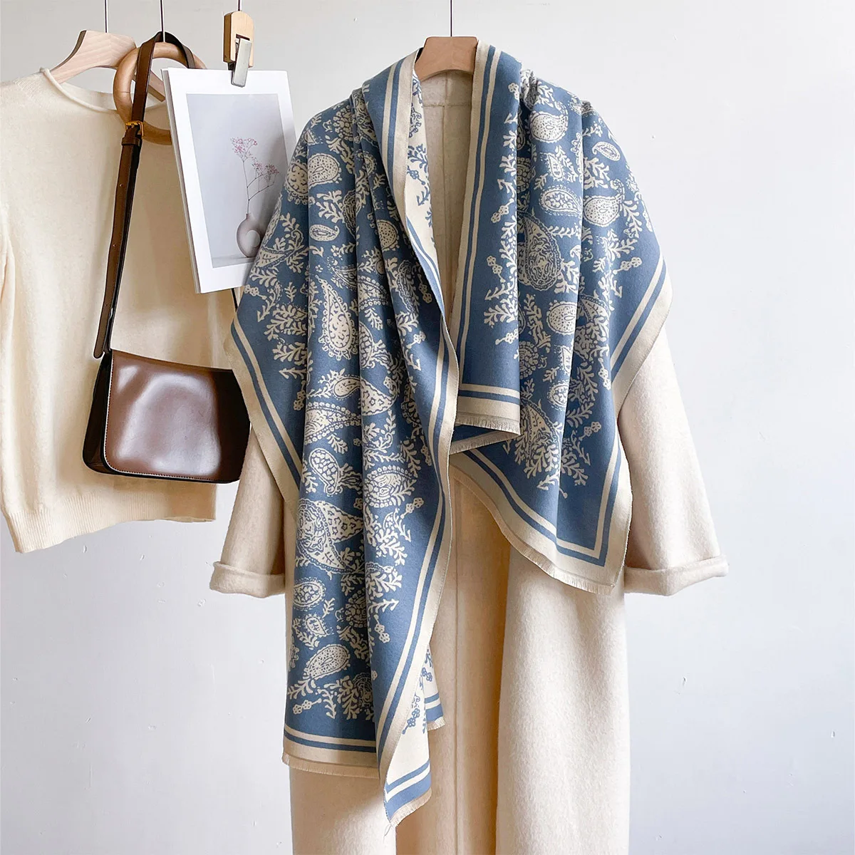Winter High Grade Faux Cashmere Shawl Women Dusty Blue Vintage Classic Paisley Pattern Thick Cozy Warm Large Wrap Scarf