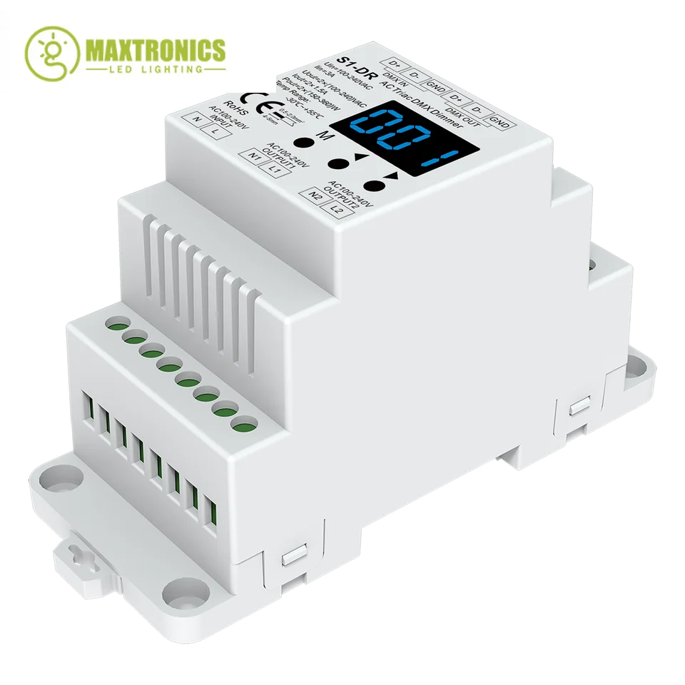 Skydance S1-DR AC110V-220V trilho din 2 canais ac triac dmx dimmer saída de canal duplo silicone dmx512 controlador led