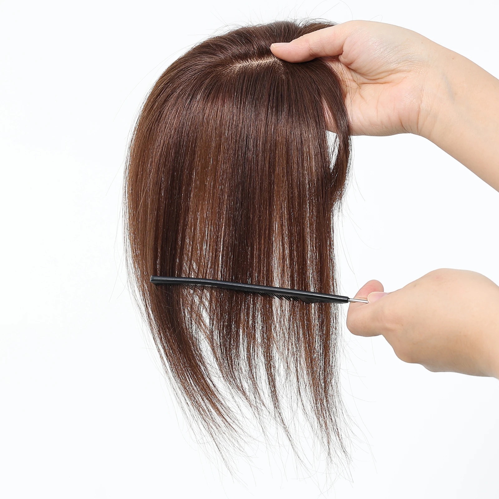 Rambut Asli Remy Berbasis Sutra Cokelat 10 Inch dengan Poni, 3 Jepitan, untuk Wanita, Penggunaan Sehari-hari dan Pesta, Ekstensi Rambut