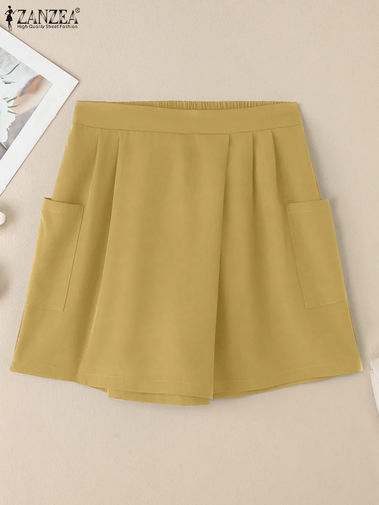 

ZANZEA Side Pockets Asymmetrical Hem Skorts Women's Solid Color 2025 Summer Casual Wrap Shorts Chic Pleated Fashion Shorts