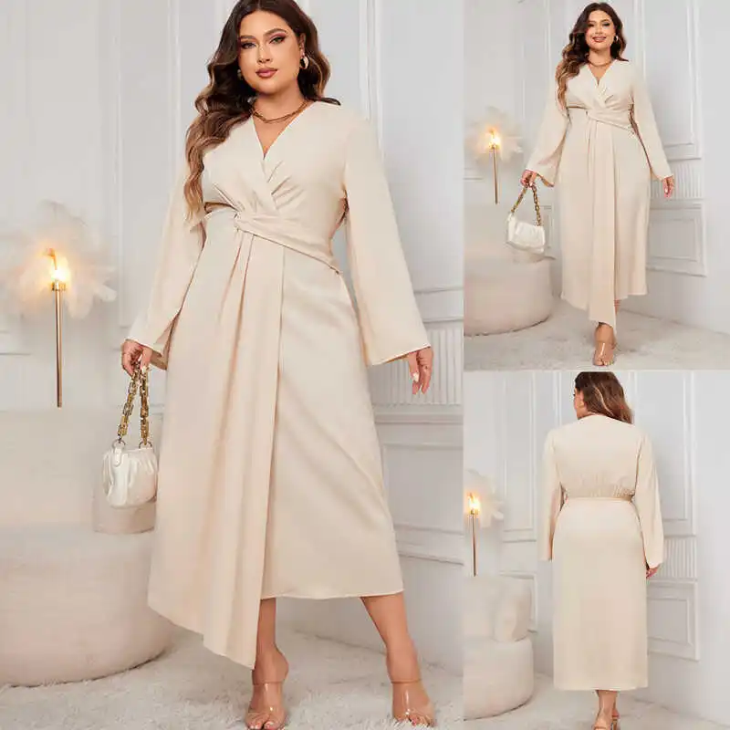 

Модная женская одежда больших размеров: платье миди А-силуэта с V-образным вырезом и длинными рукавами, с завышенной талией