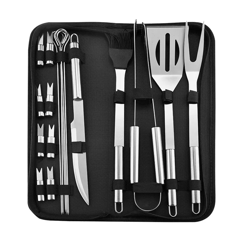 

Stainless Steel BBQ Tools Set spatula fork tongs knife brush skewers Barbecue Grilling Utensil Camping Outdoor Cooking Tool Set