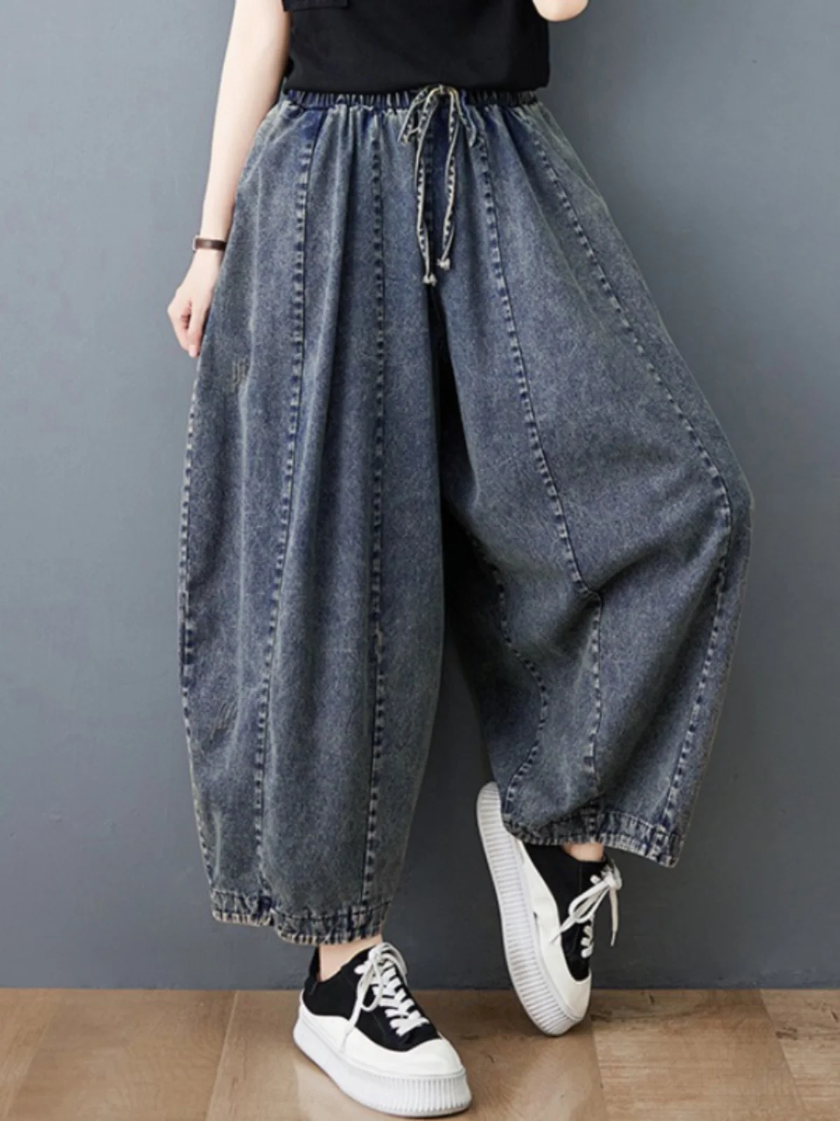 

Винтажные широкие джинсы с завязками, повседневные брюки с завязками, утягивающие женские модные брюки большого размера с девятью точками