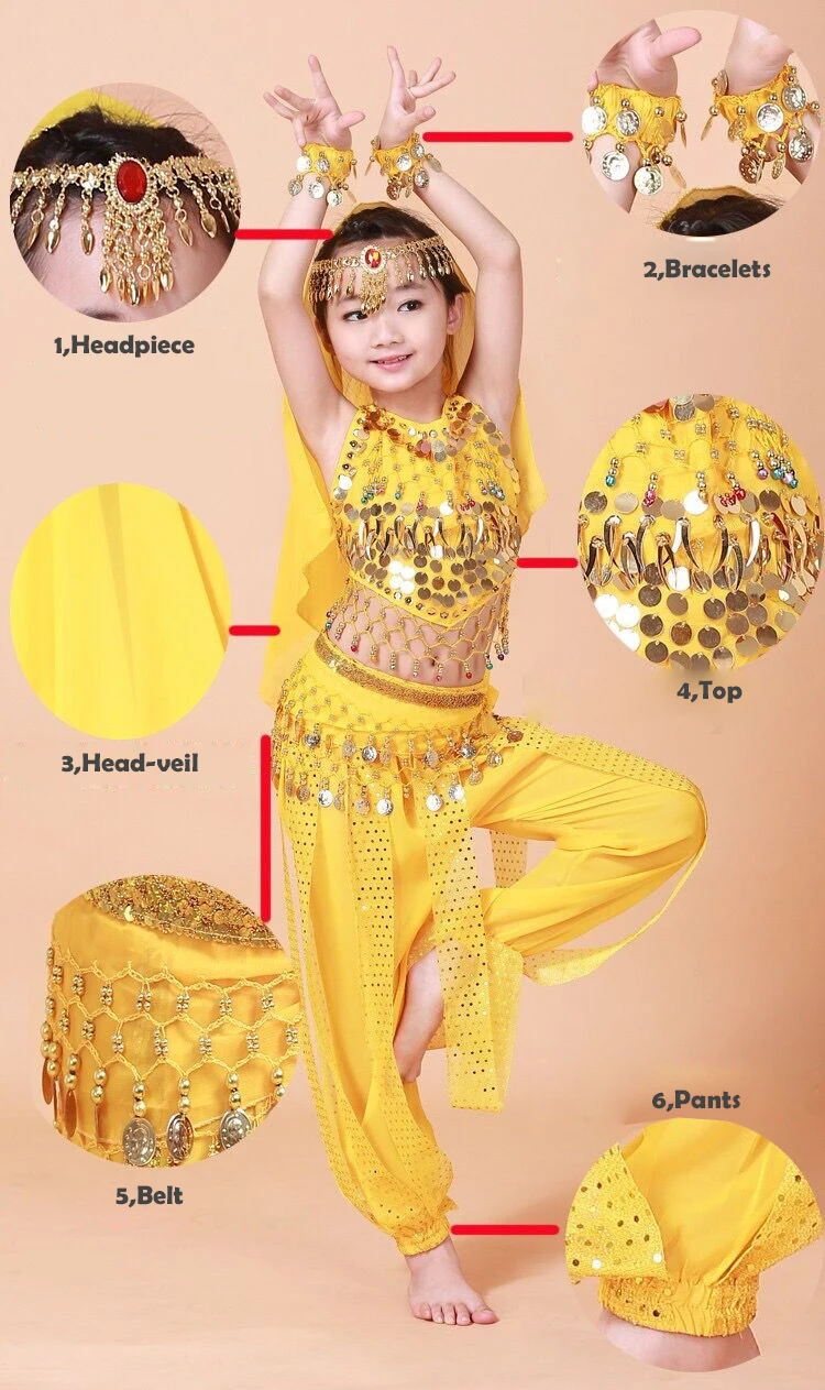 Haut à paillettes en mousseline de soie pour enfants filles, robe, chaîne de taille, couvre-chef, vêtements indiens de danse du ventre, 4 pièces acheter à prix bas - livraison gratuite, avis réels