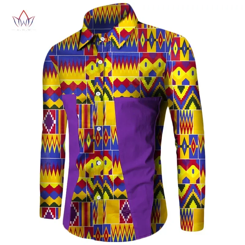 Bintarealwax Plus Size African Shirt for Men Dashiki Long Sleeve African Clothes Patchwork Casual Style Men Shirt WYN350