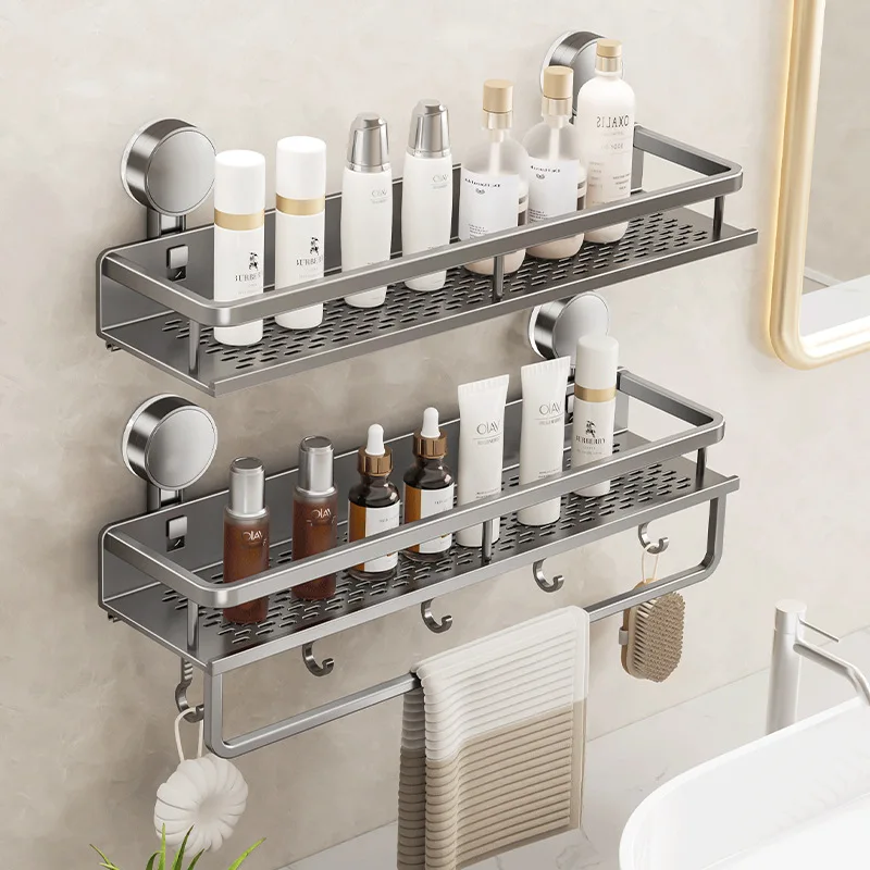 Suction Cup Bathroom Shelf Shampoo Makeup Storage Holder Aluminum Bathroom Organizer Kitchen Storage Rack Tray