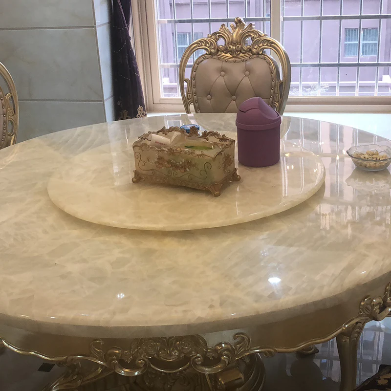 Mesa redonda europea de mármol de jade de hielo blanco, mesa de comedor y silla dorada, combinación de mesa de comedor de madera maciza de lujo europea