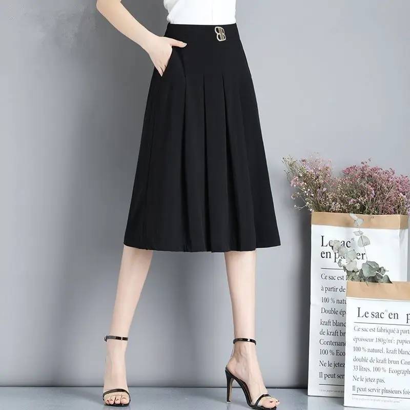 Fashion High Waist Spliced Pockets Solid Color Folds Skirts Women\'s Clothing 2023 Autumn New Loose Office Lady Princess Skirt