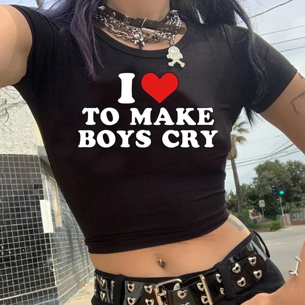 أنا أحب أن أجعل الأولاد يبكي سايبر Y2k الهبي خمر المحاصيل الأعلى الإناث خمر القوطي Harajuku Yk2 التي شيرت اقتصاص