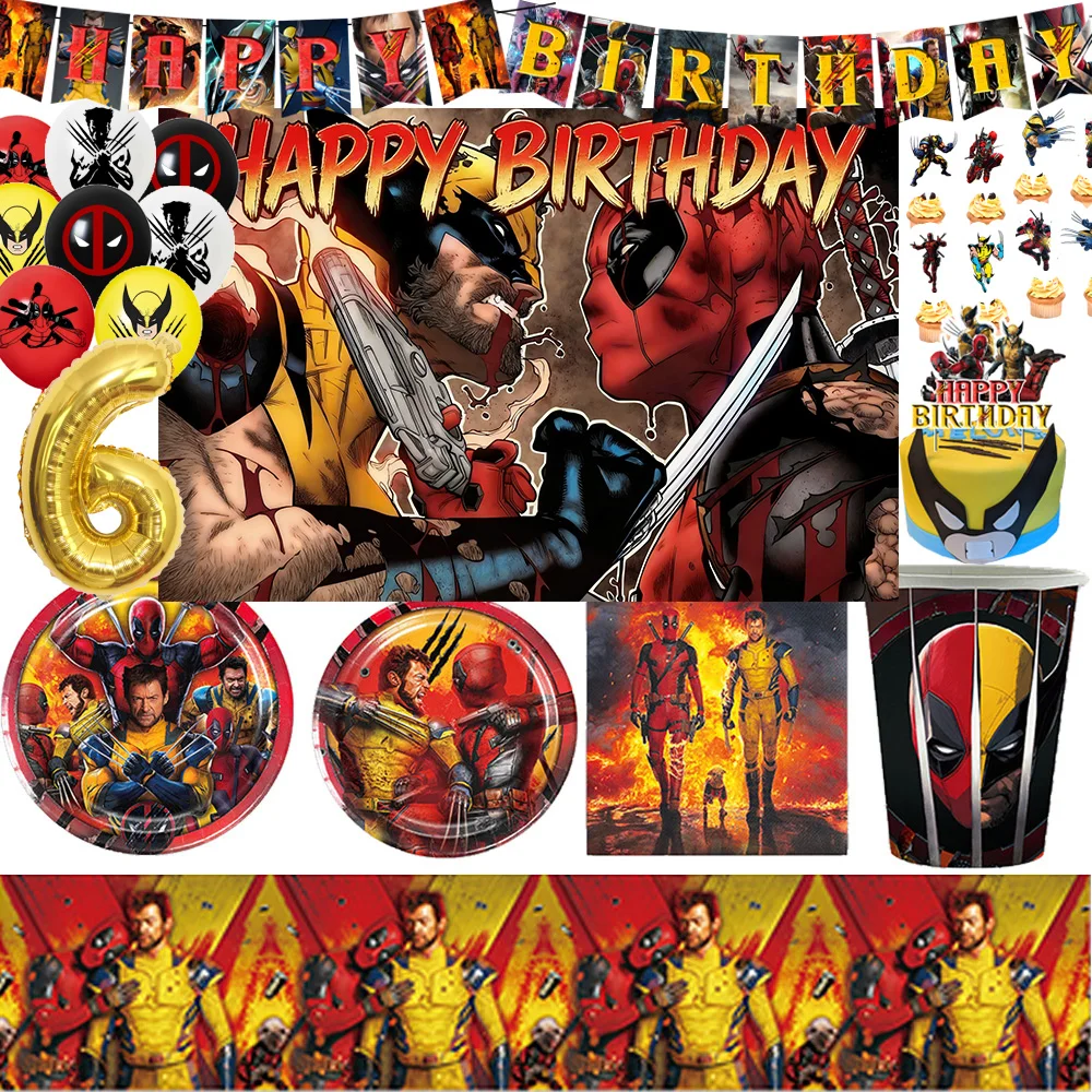 

Superhero Deadpool And Wolverine Birthday Party Decorations Plate Tablecloth Cake Topper Balloons Boy Party Supplies Kid Gifts