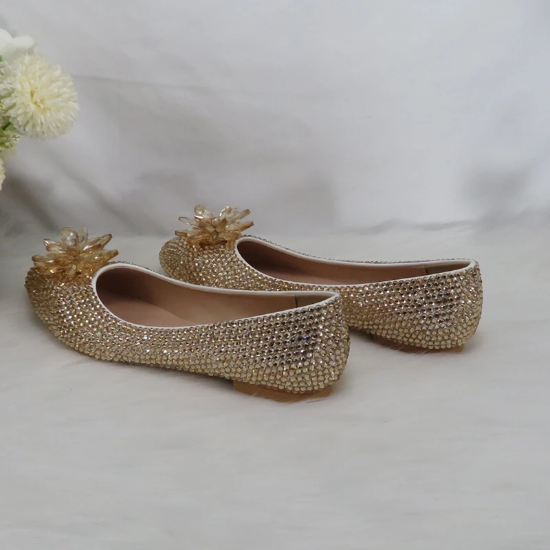 BaoYaFang Beige pearl Crystal womens wedding shoes Flat big size female shoes real leather insole woman shoes Bridal party shoes