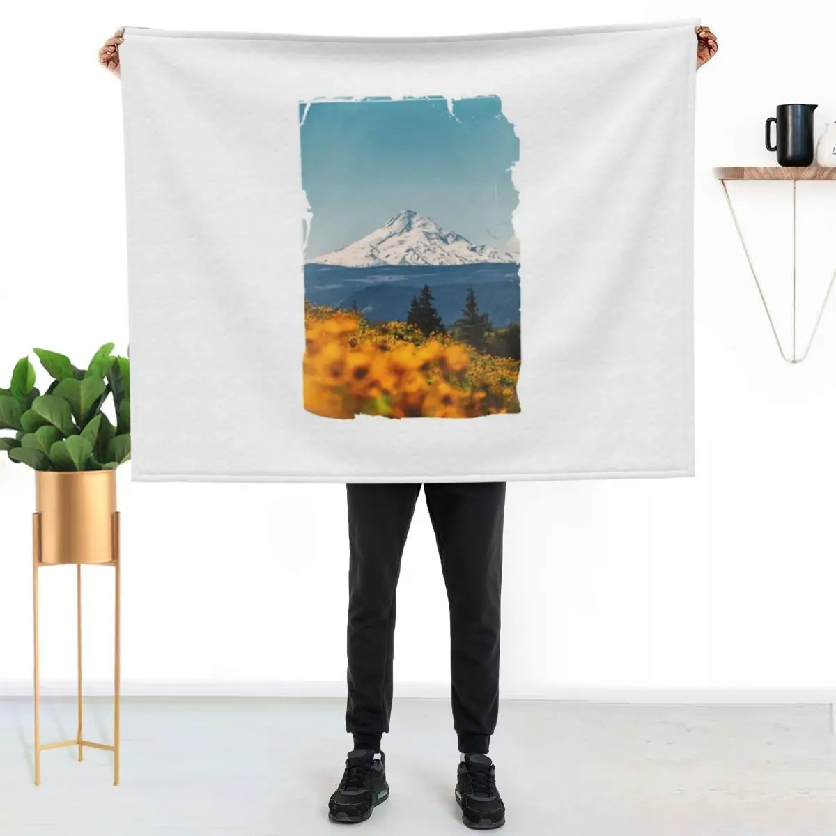 Manta vintage con diseño de Monte Hood de Columbia River Gorge con girasoles, manta acogedora de tamaño de viaje para avión o tren