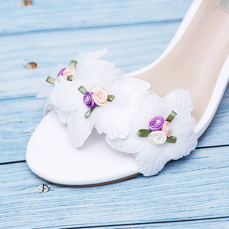 Open Toe Chiffon Flower Sandals One-button Ankle Strap Hollow White Pu Leather Square Chunky Heel Women Summer Daily Wear Shoes