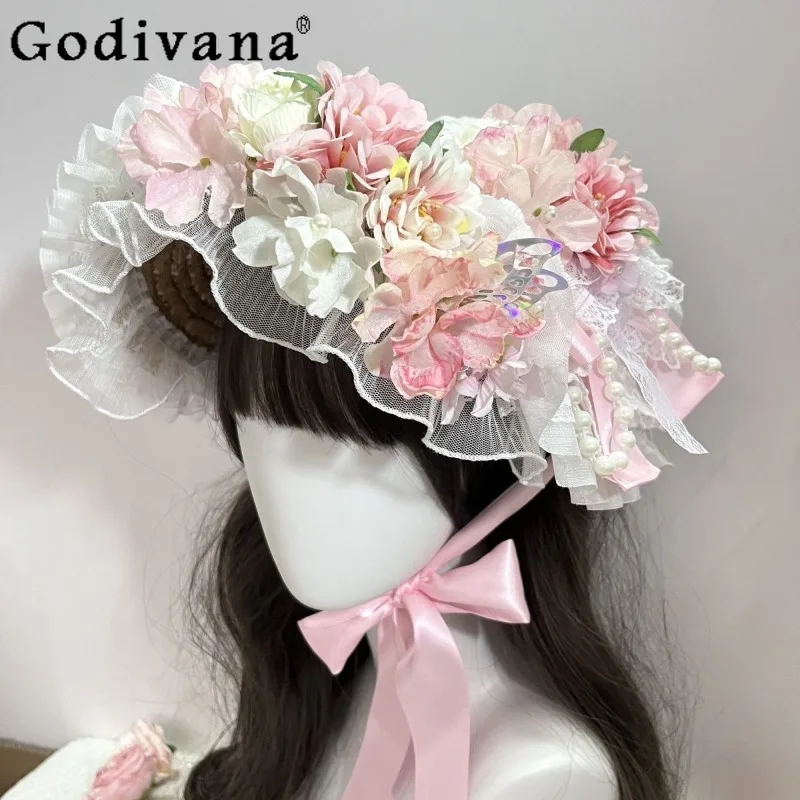 Pink Lolita Lace Princess Hat for Women Japanese Style Sweet Cute BNT Hat Female Lace Flower Decration Hair Accessories
