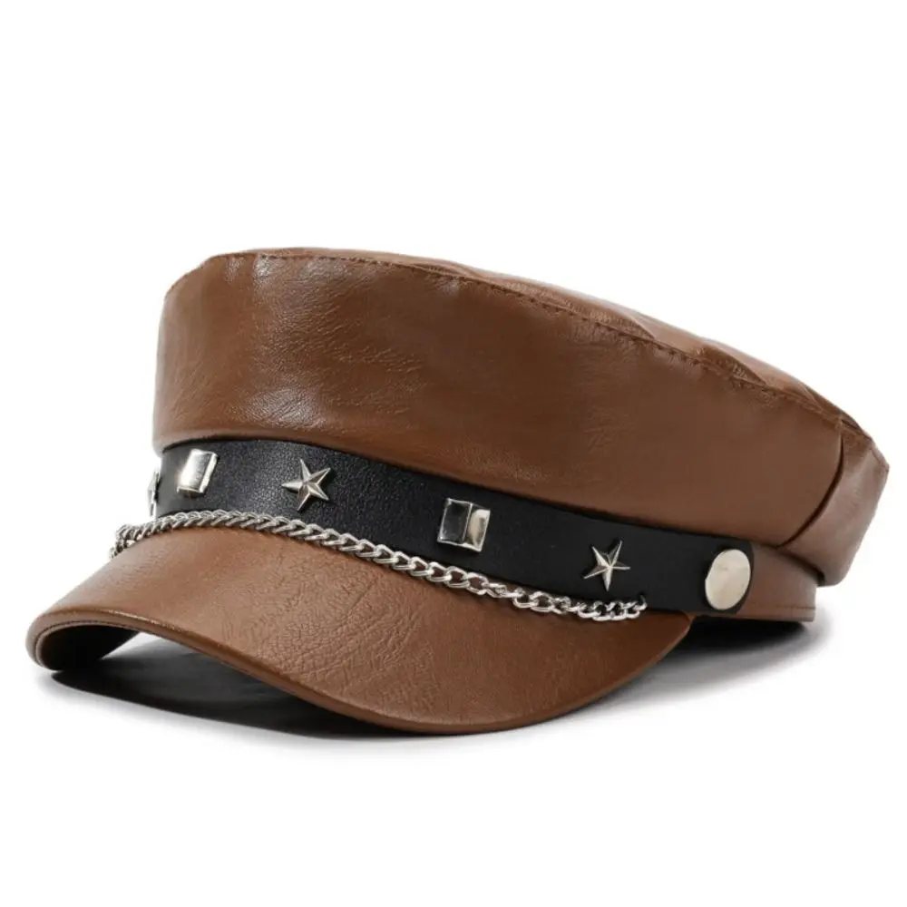 Fashion PU Leather Newsboy Hat Solid Color Metal Chain Decor Flat Top Cap Casual Star Strap Baker Boy Cap For Women