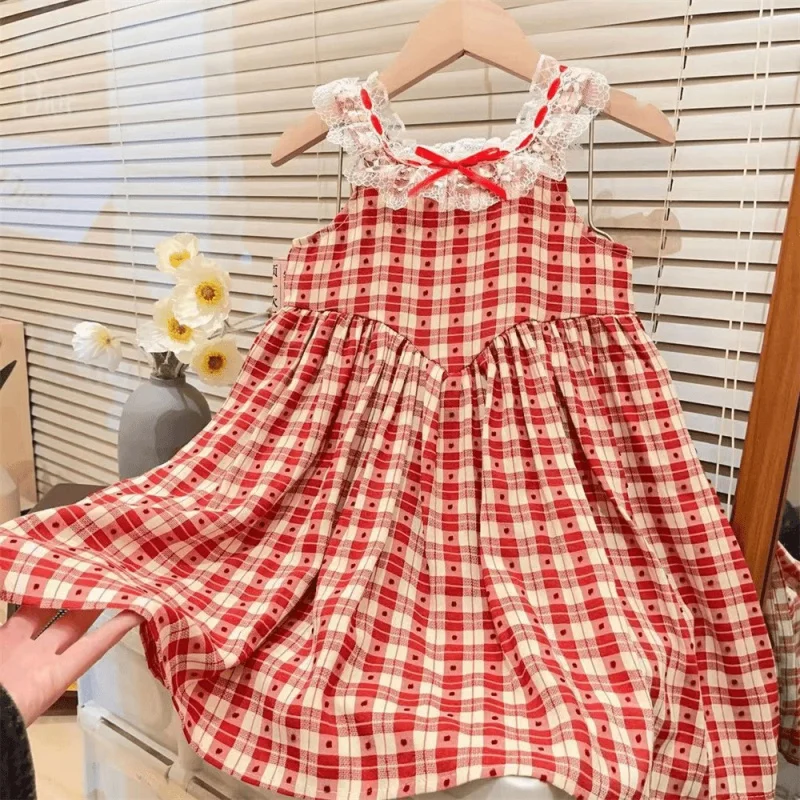 

New Girls' Summer Sling Dress2024New Children's Lace Collar Plaid Sleeveless Dress