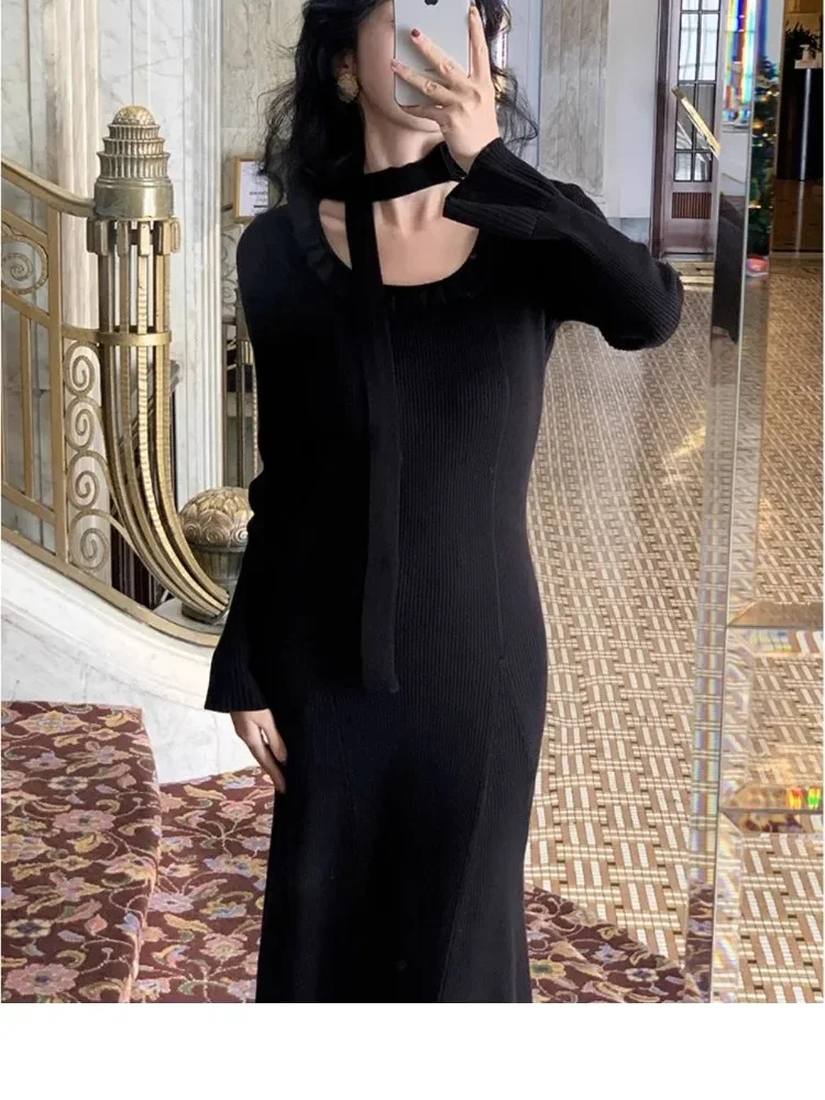 Abito lavorato a maglia solido con scollo all'americana a fiori con volant Donna Autunno Inverno Temperamento Slim Fit Vita Abiti a maniche lunghe Abito da festa