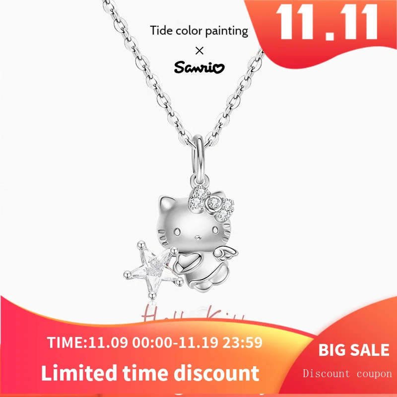 Angel Hello Kitty 925 Silver Necklace Cartoon Anime Character Y2k Sanrio Necklace Female Charm Rhinestone Pendant Women Gift