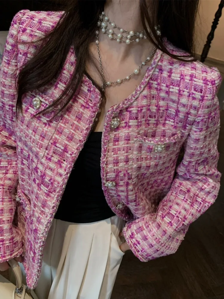 Office Lady Pink Tweed Plaid Jacket o-collo elegante manica lunga autunno inverno capispalla monopetto moda donna cappotto corto