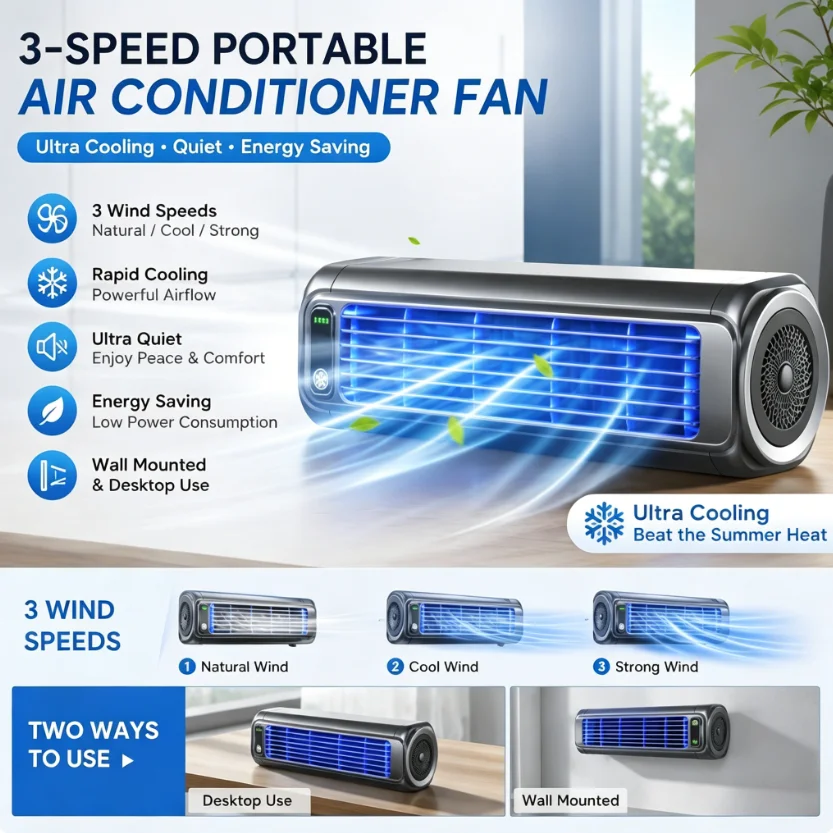 Dreistufiger Sommer-Küchenventilator, tragbarer Wandklimaanlagen-Luftkühler, ultra-leiser, an der Wand montierter Klimaanlagen-Ventilator