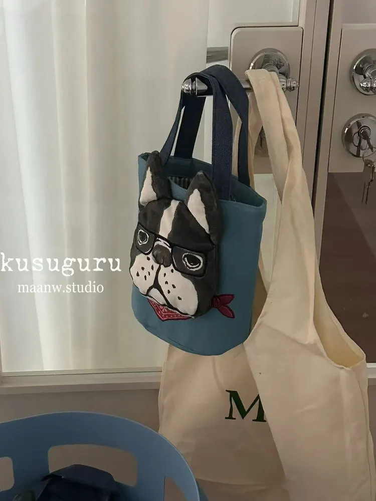 

Maanw Kusuguru Small Buet Handbag Commuter op 3D French Bulldog Lunch Bag Polyester Fiber Double Strap Casual Youth