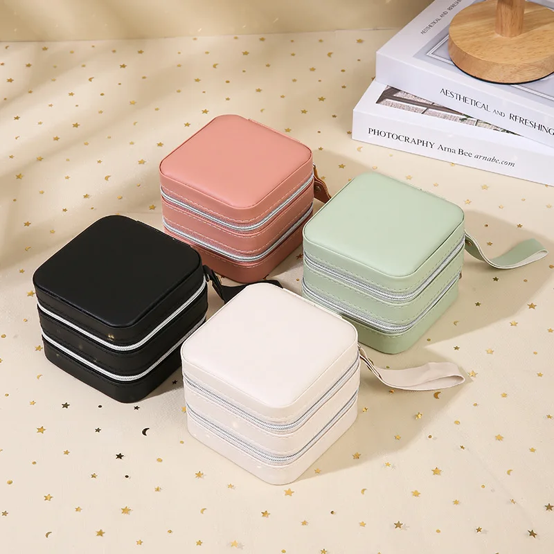 Multifunktionale Schmuckschatulle aus PU-Leder, tragbare Ring-Halskette, hochwertiger Reißverschluss mit Spiegel, Mini-Schmuck-Aufbewahrungsbox