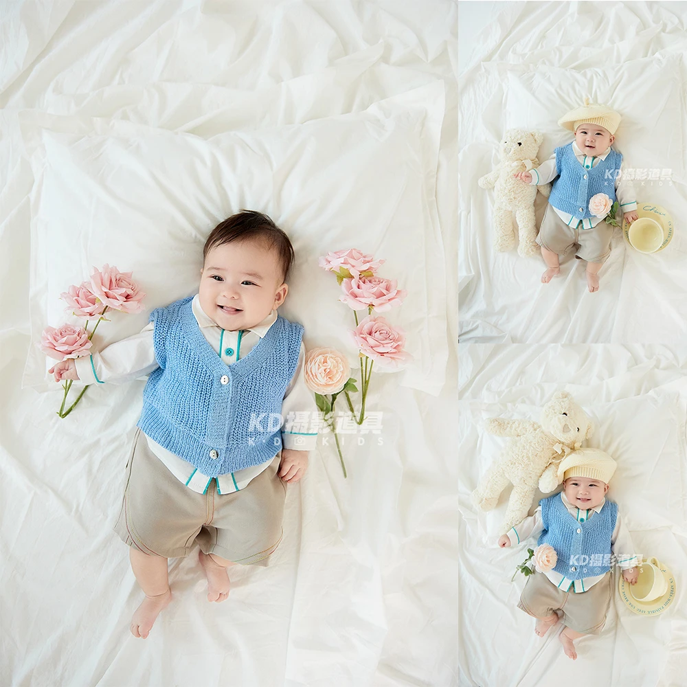 

3-4 Month Baby Boy Photography Props Knitted Beret+Korean-Style Autumn Costume Set Bear Doll Photo Studio Creative Shooting Prop
