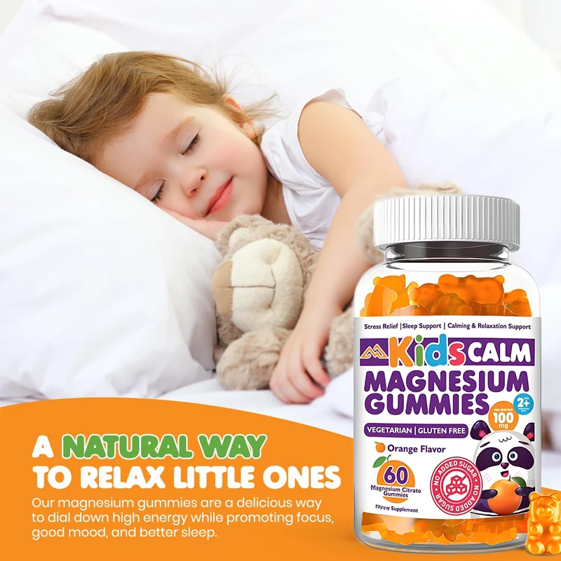 Magnesium gummies suitable for children and adults (orange) - Magnesium citrate gummies (60 pieces) sugar free, safe and healthy