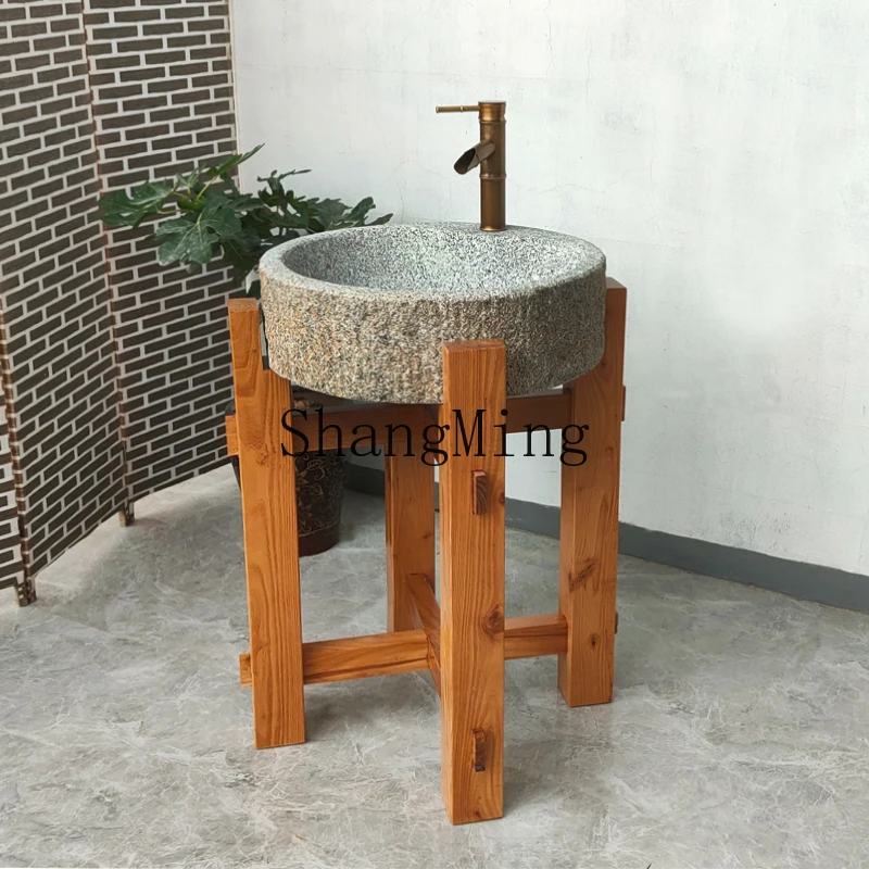 

HJ outdoor elm frame wash basin natural stone wash basin courtyard retro pool integrated column old round groove
