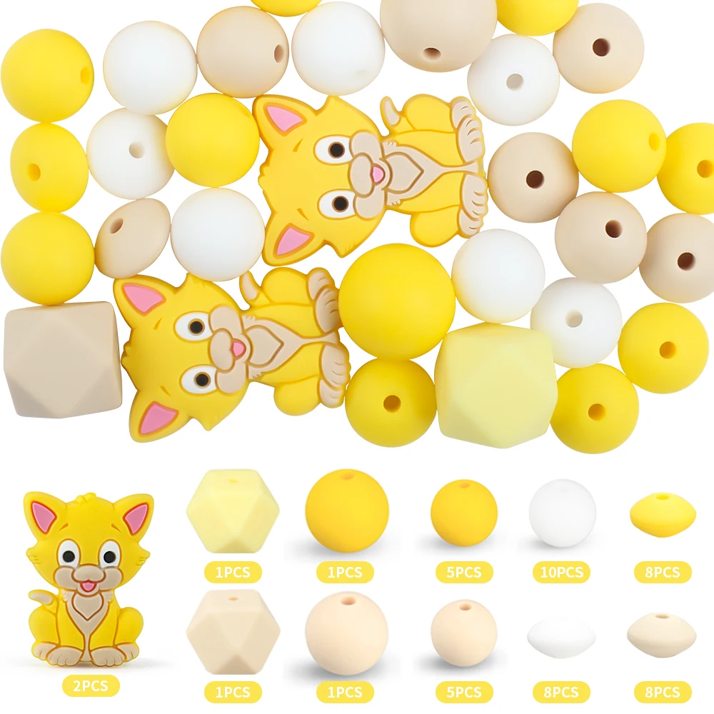 50Pcs/Set Silicone Beads Baby Sets kittens Round Beads Sets Teething Teether BPA Free DIY Necklace Pacifier Chian Accessories