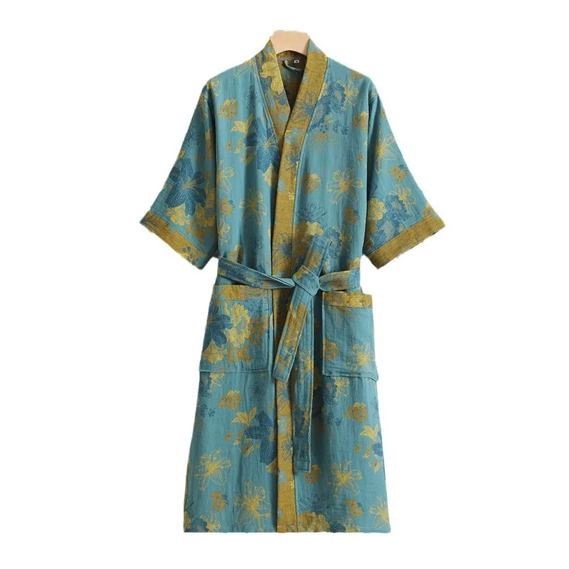 Cotton Double-layer Gauze Bathrobes Spring Thin Pajamas Half Sleeve Kimono Robe Women Yarn-dyed Jacquard Robes Home Loungewear