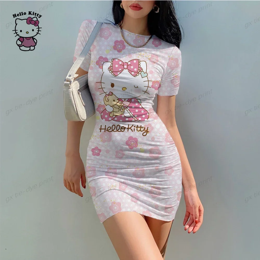 2024 Hello Kitty Short Sleeve Bodycon Cartoon Dress New Summer Sexy Women Streetwear Y2K Party Club Casual Beach Dress Hot Sale