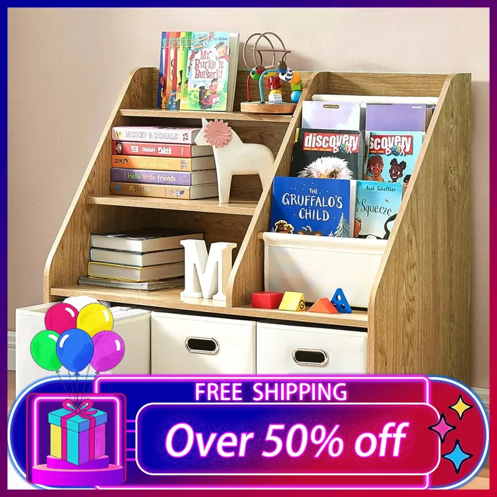 

Kids Bookshelf, Kids Toy Storage Organizer with Storage Bins, Wooden Bookshelf and Book Display Shelf for Bedroom, Playroom