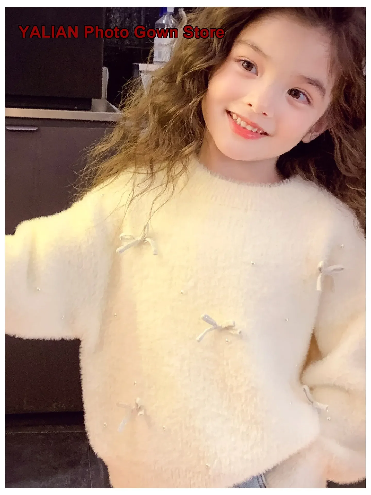 Girls Mink Fur Winter 2025 Loose Pullover Sweater Kids Stylish New Year Top