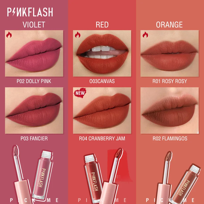 PINKFLASH 24 Colors Matte Liquid Lipstick Soft Moisturising Lip Gloss Long Lasting Waterproof Lip Tint Beauty Makeup Cosmetics