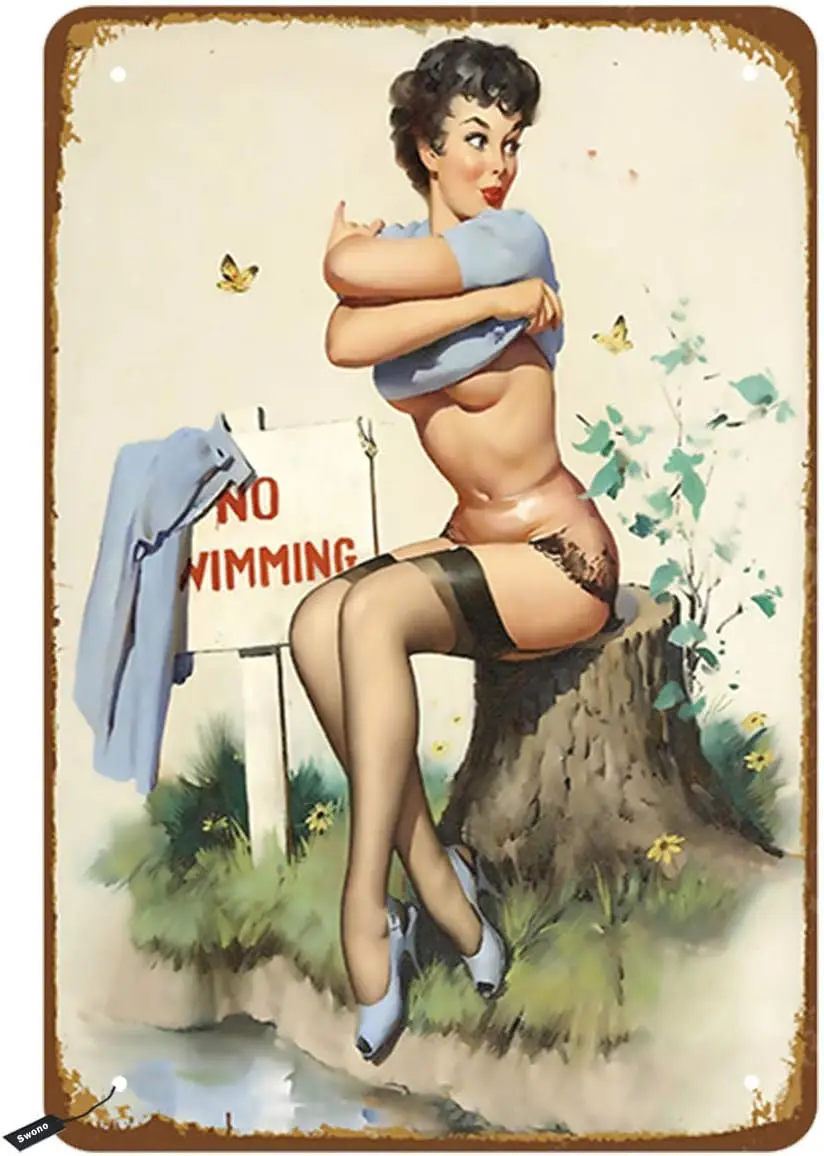 Swono No Swimming Tin Signs,Sexy Pin Up Gone Take The Tshirt Off Vintage Metal Sign For Men Women,Wall Decor Bars,Restau
