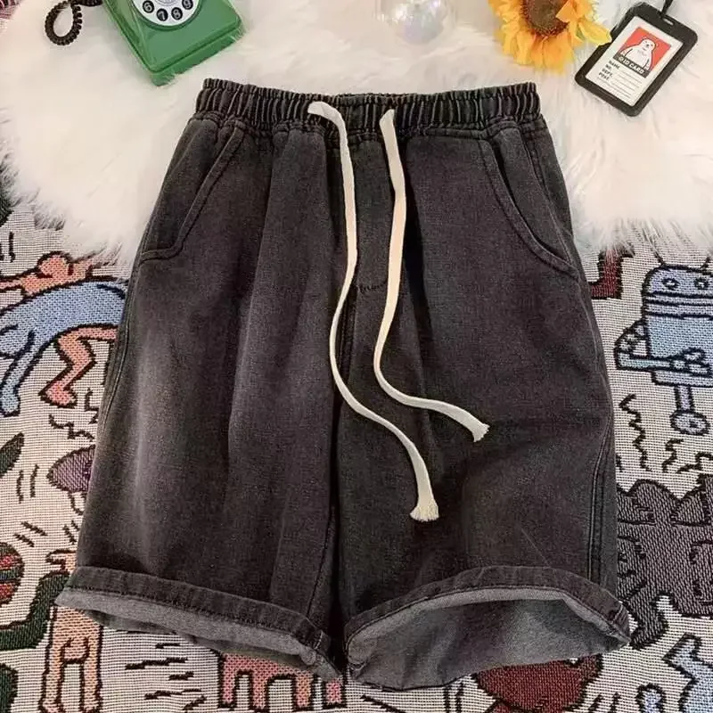 

2025American Denim Shorts Men's Summer Thin Denim Five Quarter Pants Elastic Waist Loose American Retro High Street Shorts