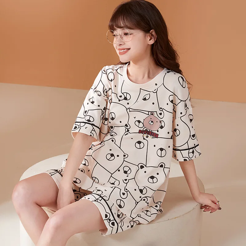 New Cotton Cute Cartoon Pyjamas Set Women Pajamas Plaid Sleepwear Short Nightwear Sleeve Homewear Fashion Summer homewear suits