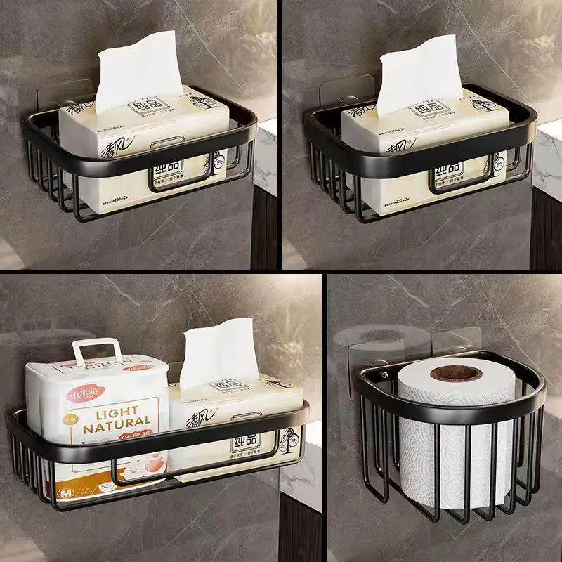 Punch-Free Badezimmer-Aufbewahrungskorb aus Kohlenstoffstahl, wasserdicht, rostfrei, wandmontiertes Regal für Toilettenpapier, Taschentuchrollenhalter