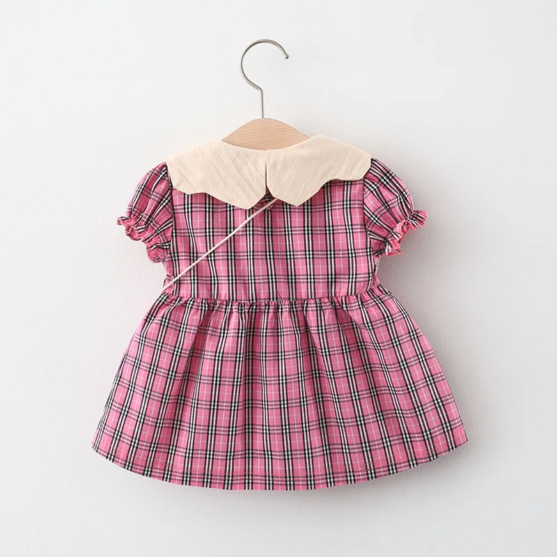 2/piece summer baby girl dress bag for girls solid color large lapel lace plaid bubble sleeve princess dress