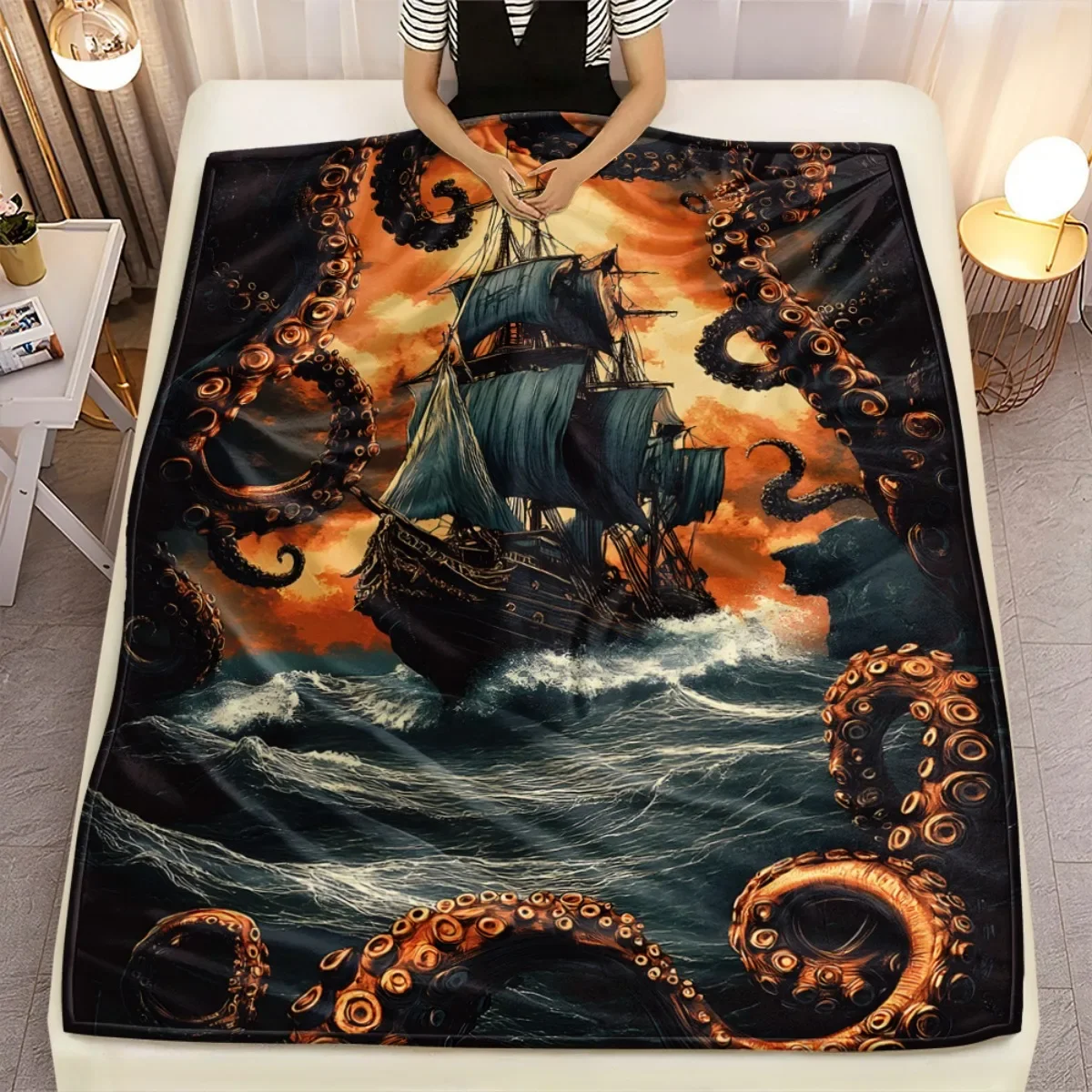 1pc Pirate ship giant octopus sea monster artwork blanket nautical theme throw blanket fantasy ocean decor soft flannel gift