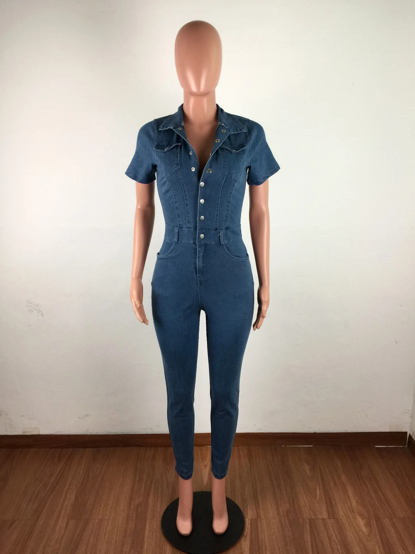 Jeans Stretch tuta donna Sexy colletto rovesciato Skinny Blue Denim tuta Casual pagliaccetti