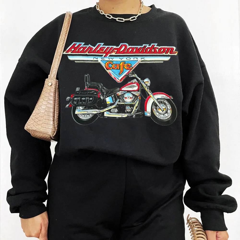 

Vintage New York motorcycle Printing Autumn Fashion Pullover Women Long Sleeve Loose Cotton Thick Crewneck Tops Sweatshirts