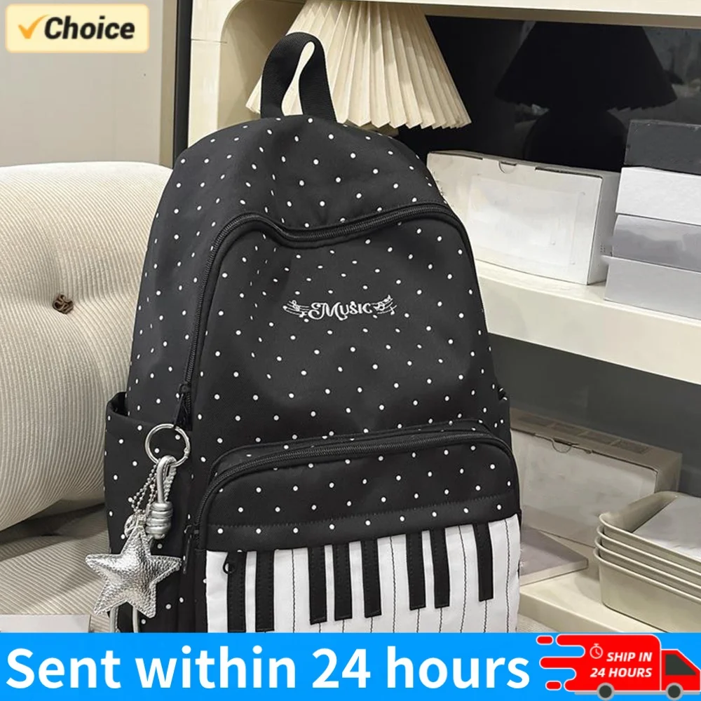 Nylon Casual School Bag 16.9 Inch Polka Dot Piano Key Laptop Bag with Pendant for Teen Girls Travel Shopping Daily Use