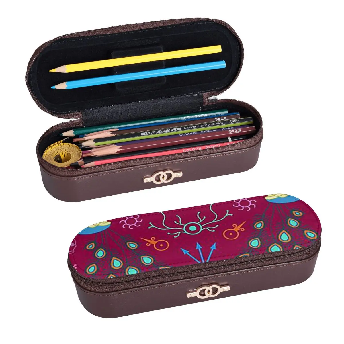 Mollymauk Tealeaf Inspired Print Leather Pencil Case Pen Holder Storage Stationery Supplies Pen Box Pencil Bag for Boy Girl