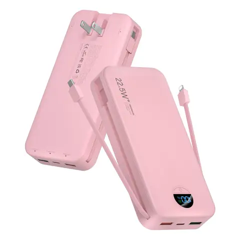 20000mAh Power Bank with Built-in AC Plug & Dual Cables, PD20W Fast Charging Type-C Port, Portable Charger for Travel, Camping