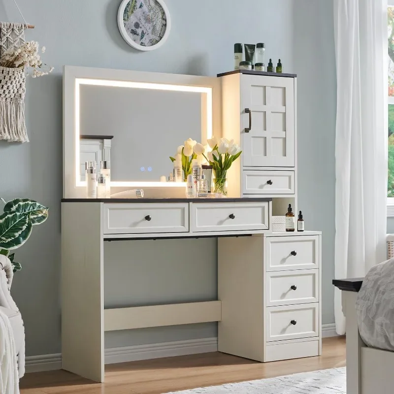 Farmhouse Vanity Desk with Touch Screen LED Mirror, 47