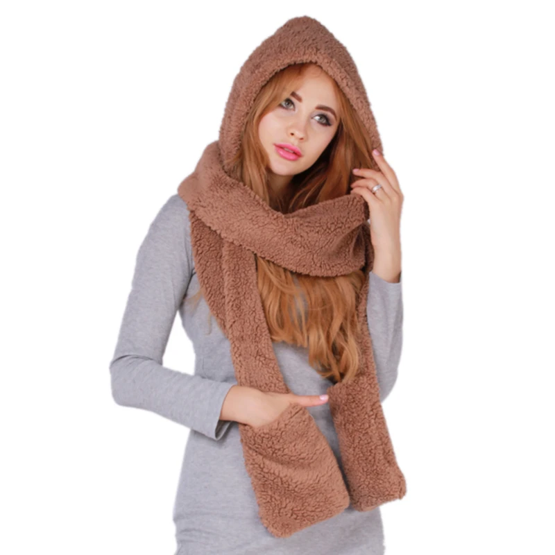 Women\'s Winter Coldproof Thickened Warm Fashion Scarf Wrap Head Ear Protection Scarf Gloves Hat 3 in 1 Women\'s for Outdoor