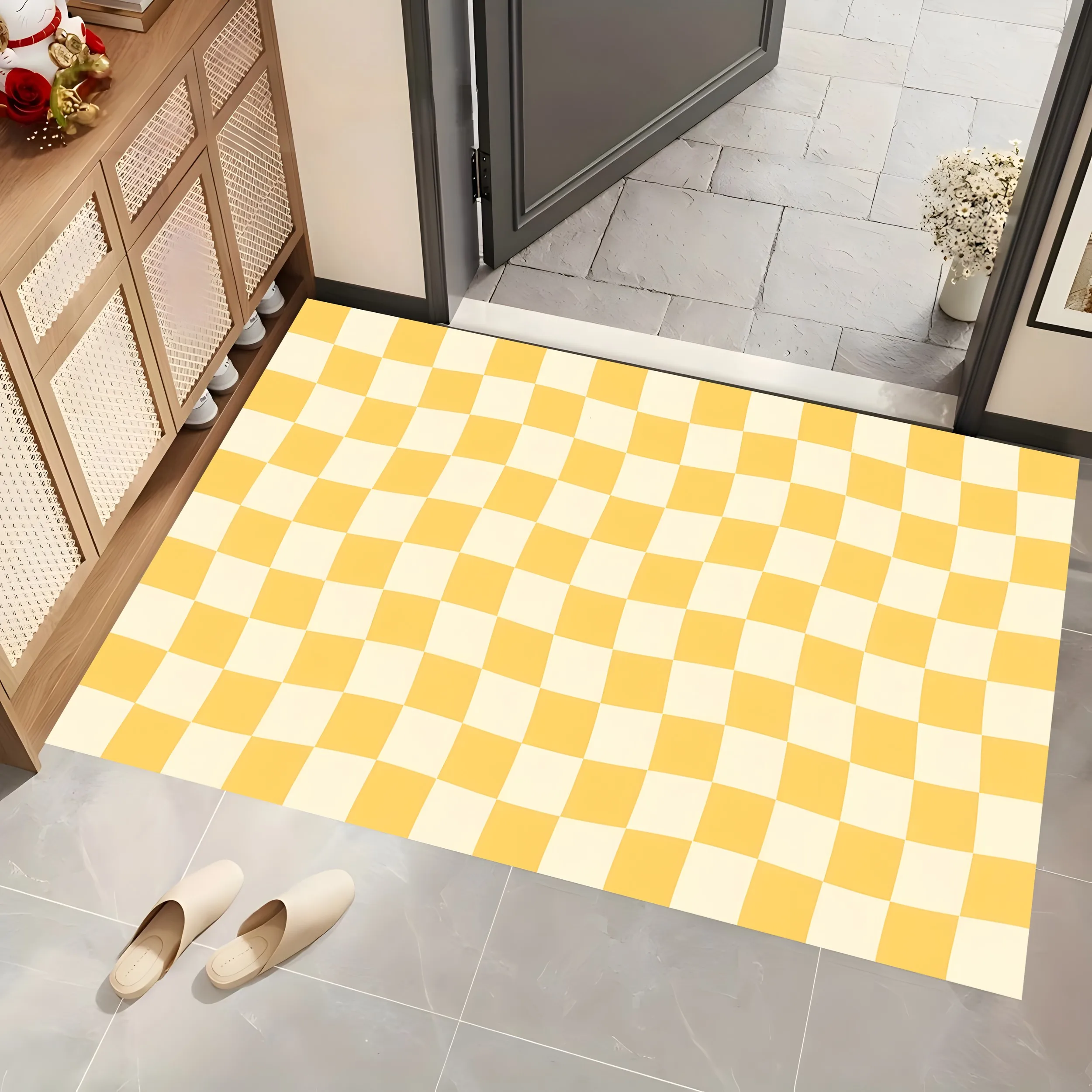 2D Large Rug, Creamy Yellow & Beige Twisted Checkerboard Pattern, Living Room Bedroom Bedside