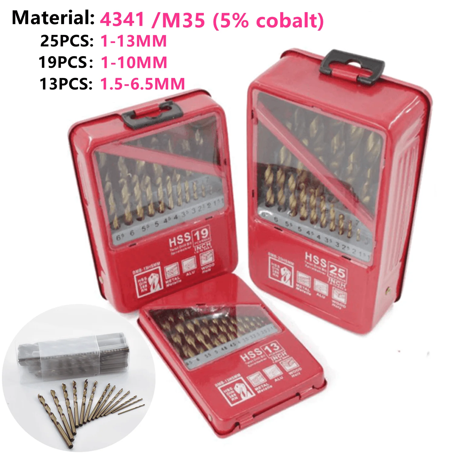 

13/19/25pcs 1.0-13mm Hss Ti Coated Drill Bit Set For Metal Woodworking Drilling Power Tools Accessories In Iron Box